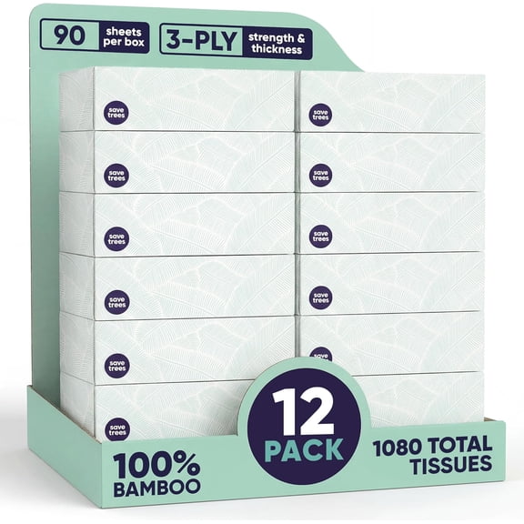 Bamboo Facial Tissues - 12 Boxes of Eco-Friendly, 3-Ply Hypoalleric Tissues, 90 Sheets per Box, FSC Certified, Plastic-Free Packaging, Soft & tle for Home Use