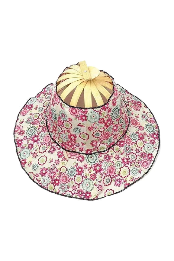Bamboo Fan-Foldable Sun Hat for Women,Portable UV Protection Wide Brim Hat,Adjustable Chin Accessories Strap Summer for Travel