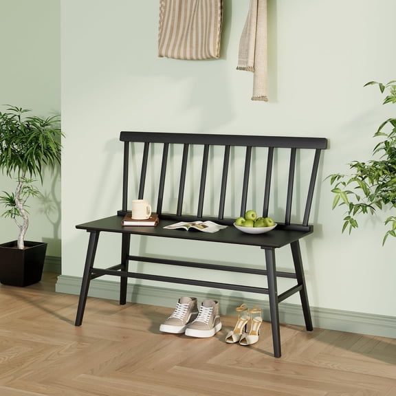 Bamboo Farmhouse Dining Bench with Spindle Back, 3-Person Indoor Bench Chair for Foyer, Balcony, Hallway, or Living Room, Black