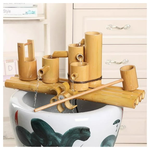 Bamboo Feng Shui Water Fountain,Japanese Garden Feature Spout with Pump,Zen Water Wheel for Indoor Outdoor Backyard Lawn