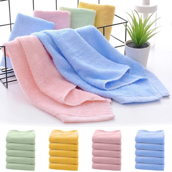 Bamboo Fiber Face Towels, Soft Absorbent Solid Color Washcloths, Plain Edged Durable Cleaning Cloth For Daily Skincare Routine, Eco Friendly Bathroom Accessory, 5 Piece Set Blue Color Tone Pack