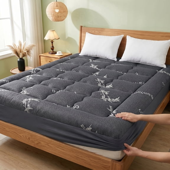 Bamboo Fiber High Fluffy Mattress, Breathable Sweat Absorbent Pressure Relief Pad, Soft Skin-Friendly Durable Washable Mattress Protector, Large Deep Pocket, Suitable For Home Camping RV(Grey,Twin)