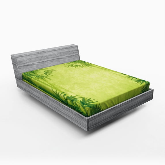 Bamboo Fitted Sheet, Chinese Banmboo Trees Design Fengshui Style Simple Organized Relaxing Life Image, Soft Decorative Fabric Bedding, Full Size, Green, by Ambesonne