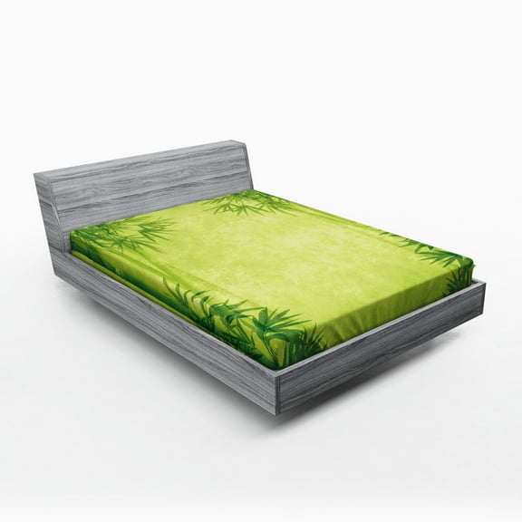 Bamboo Fitted Sheet, Chinese Banmboo Trees Design Fengshui Style Simple Organized Relaxing Life Image, Soft Decorative Fabric Bedding, Queen Size, Green, by Ambesonne