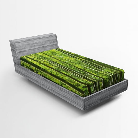 Bamboo Fitted Sheet, Exotic Tropical Bamboo Forest with Fresh Color Nature Wild Trees and Leaves Print, Soft Decorative Fabric Bedding, Twin XL Size, Green, by Ambesonne