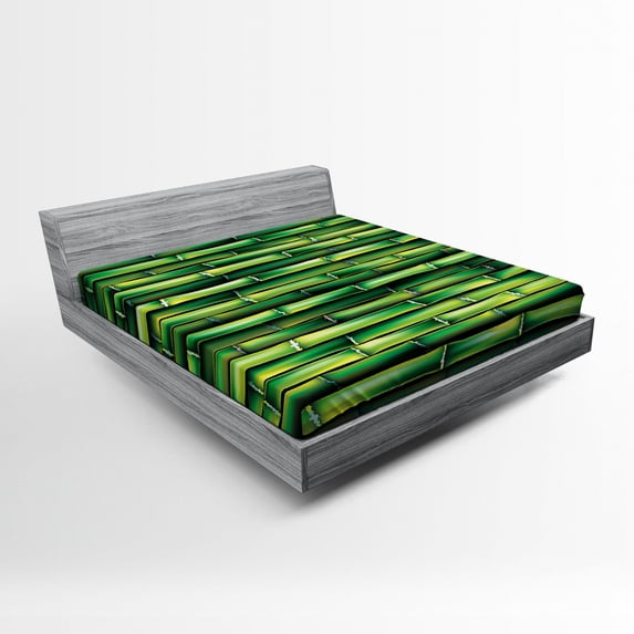 Bamboo Fitted Sheet, Image of Horizontal Bamboo Tree Stems Style Image of Nature Inspired, Soft Decorative Fabric Bedding, Full Size, Green, by Ambesonne