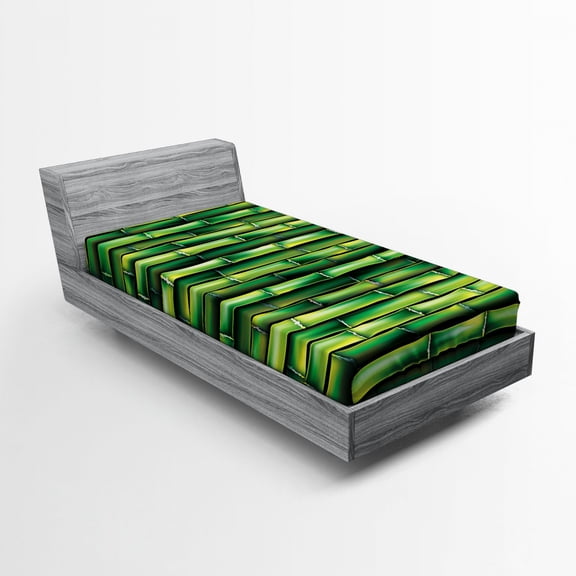 Bamboo Fitted Sheet, Image of Horizontal Bamboo Tree Stems Style Image of Nature Inspired, Soft Decorative Fabric Bedding, Twin Size, Green, by Ambesonne
