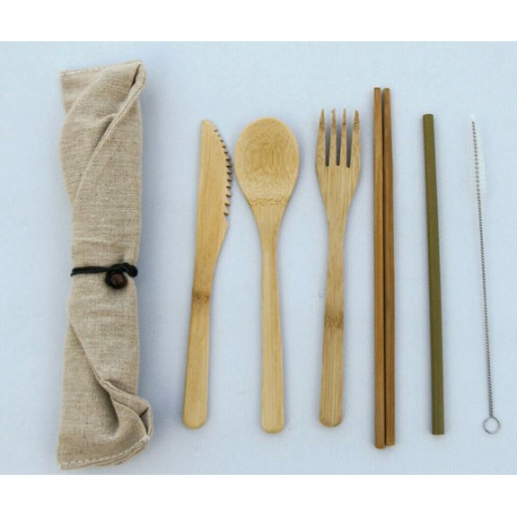 Bamboo Flatware Set, Bamboo Reusable Utensil Set, Green Travel Utensils 7Pcs