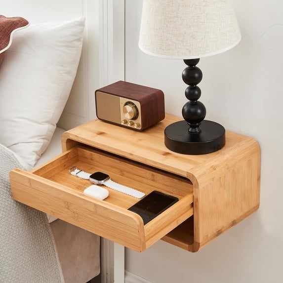 Bamboo Floating Nightstand with Drawer & Open Shelf - Fully Assembled Wall Mounted Bedside Table with Modern Design for Bedroom and Small Spaces - Certified Bamboo Side Table