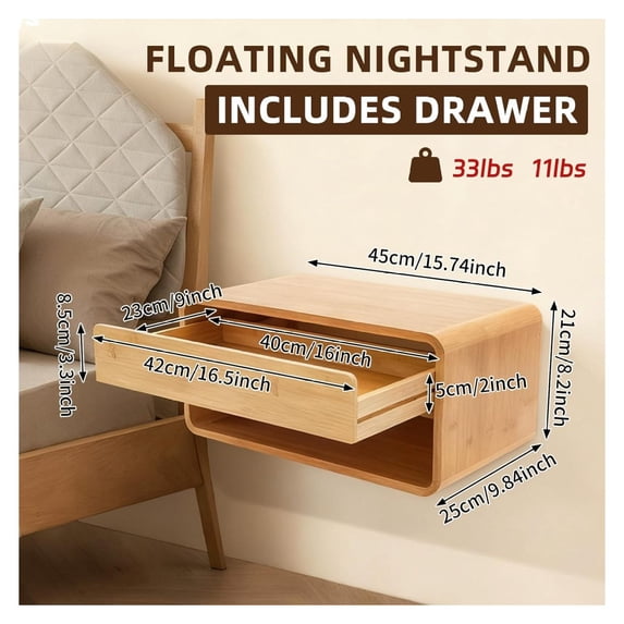Bamboo Floating Nightstand with Storage Drawer Wall Mounted Bedside Table End Tables with Open Shelf Small Spaces Wall Mounted Shelf Storage Modern End Table for Bedroom, Natural