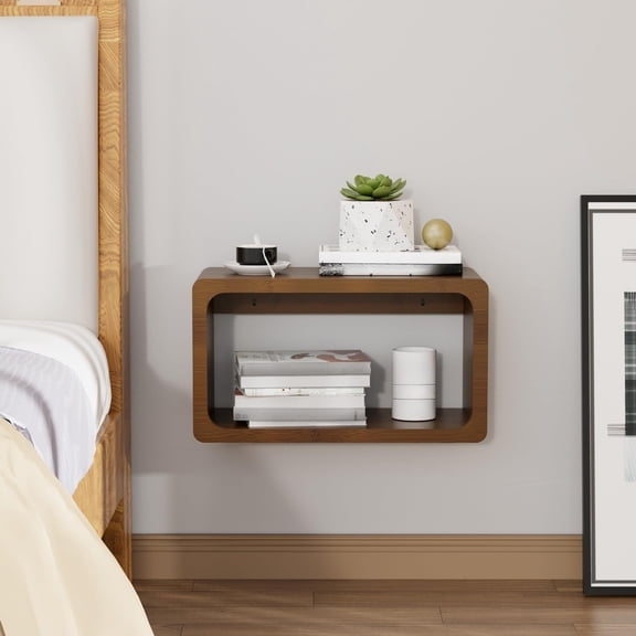 Bamboo Floating Nightstand with Storage Drawer and Modern Open Shelf Cubby，Bedroom, Living Room, Kitchen, Tool Room for use. Brown