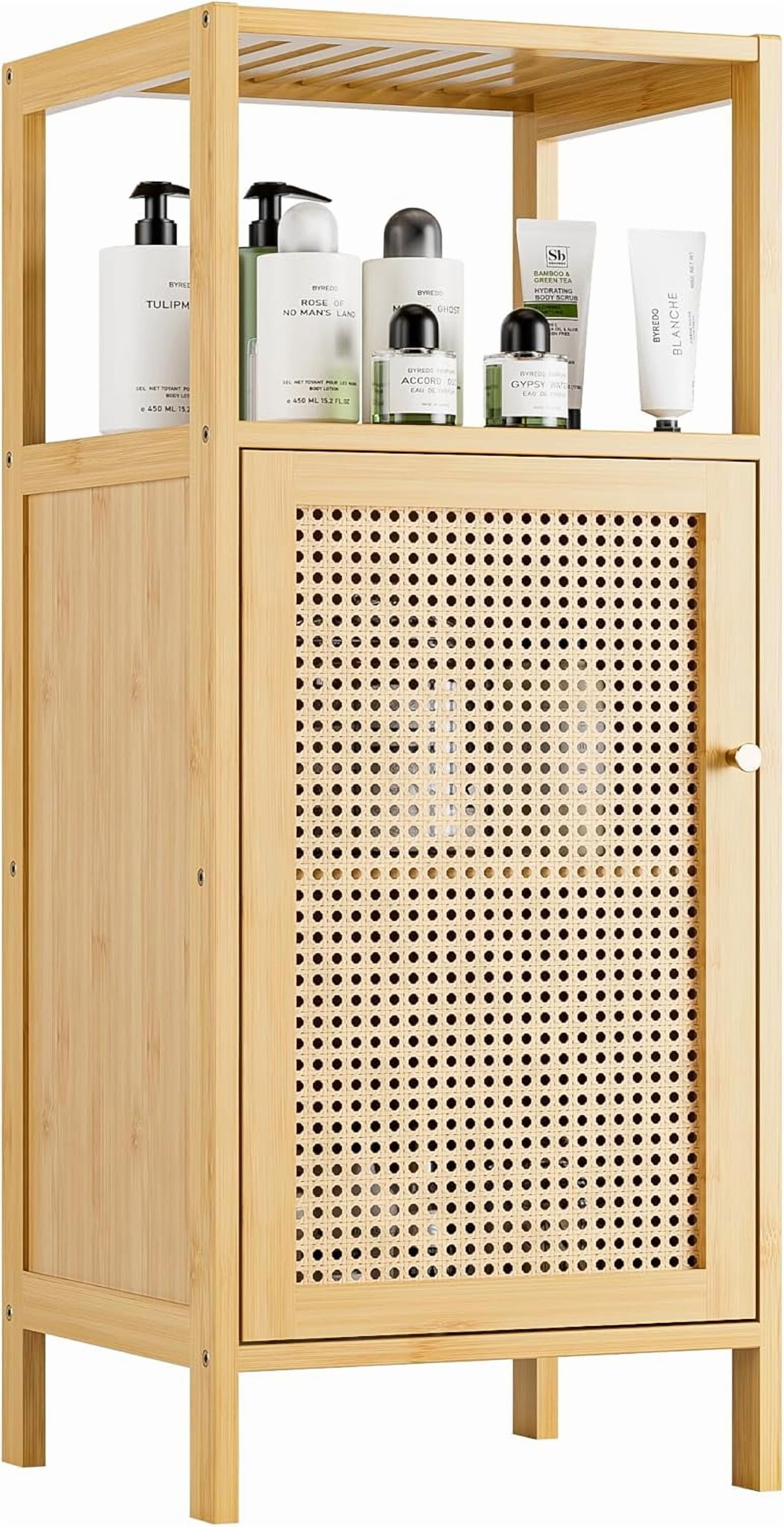 Bamboo Floor Cabinet, Bathroom Storage Organizer Rack with Single Rattan Door and 1 Shelf, Small Wooden Side Cupboard Stand for Entryway, Laundry, Kitchen, Living Room (Natural)