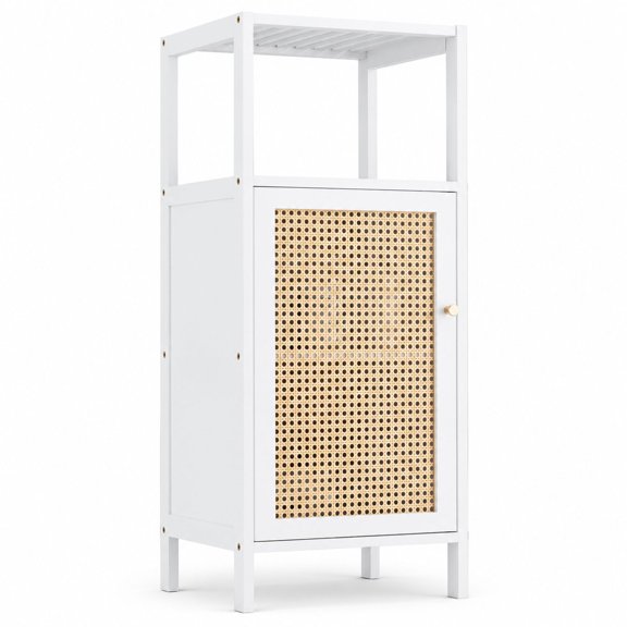 Bamboo Floor Cabinet with Rattan Door and 1 Shelf, White, Bamboo and Engineered Wood, Storage Organizer for Bathroom, Kitchen, and Hallway