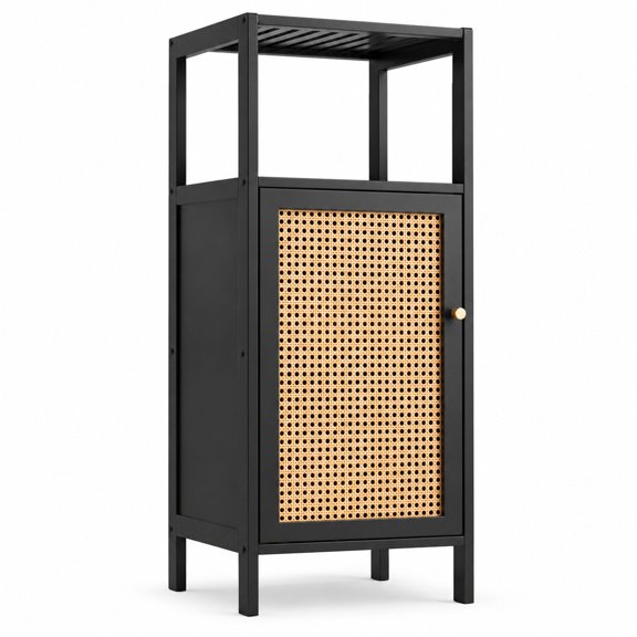 Bamboo Floor Cabinet with Rattan Door and Shelf, Black, Bamboo and Engineered Wood, Storage Organizer for Bathroom, Kitchen, and Hallway