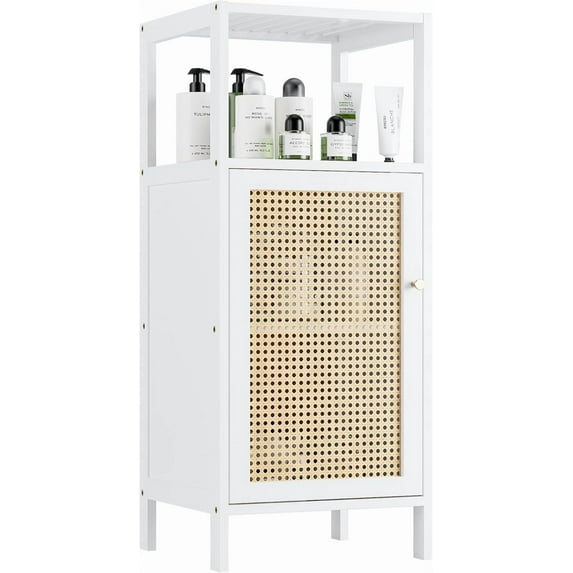 Bamboo Floor Rattan Cabinet, Narrow Bathroom Storage Organizer Rack, Space Saving Wood Kitchen Cupboard, Hallway Side Table, Living Room Stand with Single Door and 1 Shelf (White)