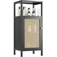 thumbnail image 1 of Bamboo Floor Rattan Cabinet, Small Bathroom Storage Organizer Rack with 1 Door and 1 Shelf, Space Saving Wood Kitchen Cupboard, Hallway Side Table, Living Room Freestanding Stand (Black), 1 of 18