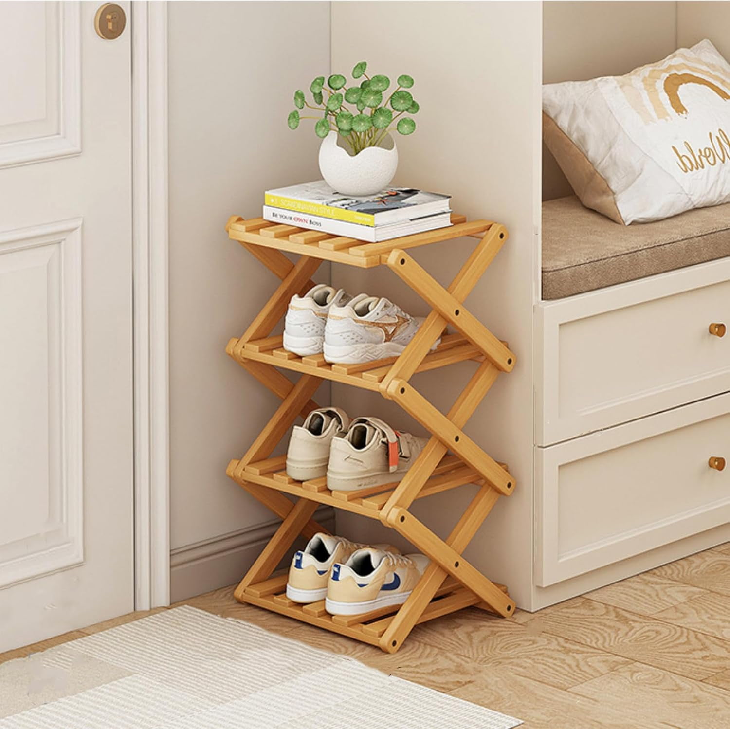 Bamboo Foldable Shoe Rack, Free Standing Shoes Organizer with 4 Layers ...