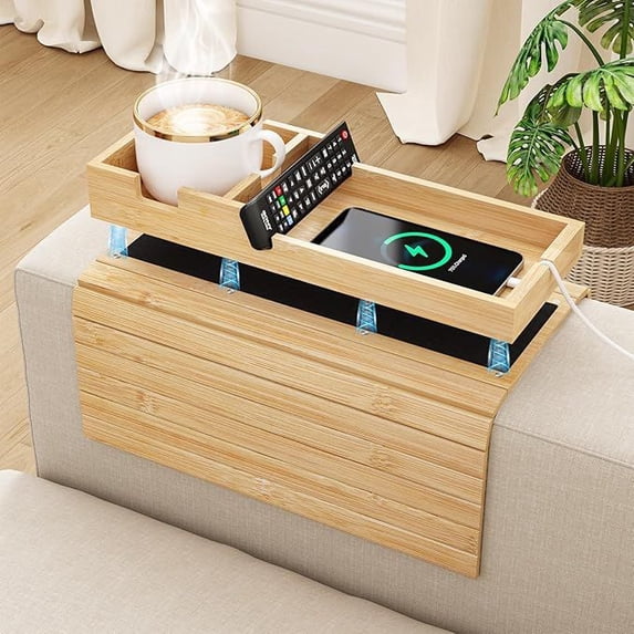Bamboo Foldable Sofa Armrest Tray with Magnetic Detachable Cup Holder ...