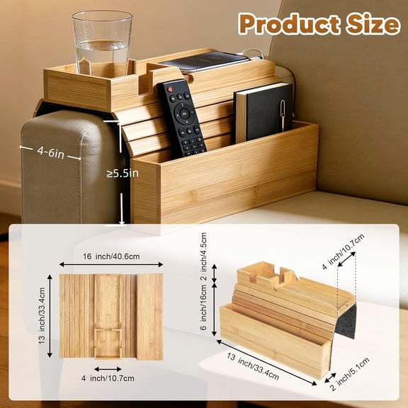 Bamboo Foldable Sofa Armrest Tray with Storage, Anti-Slip Cup Holder & for Living Room