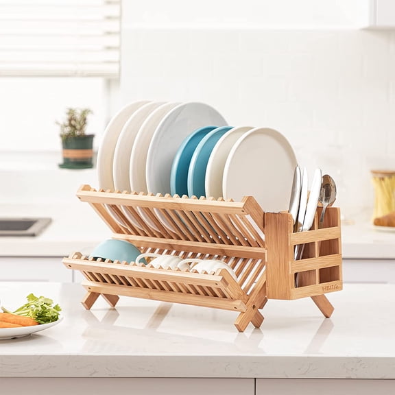 Bamboo Folding 2-Tier Collapsible Drainer Dish Drying Rack with Utensils Flatware Holder