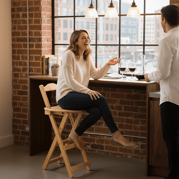 Bamboo Folding Bar Stool with Backrest & Footrest,33" Counter Height,Space Saving