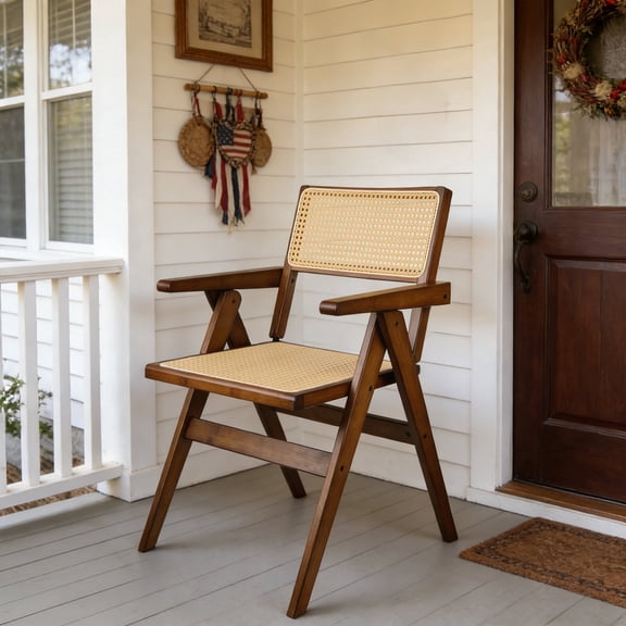 Bamboo Folding Chairs With Woven Rattan Backrest & Seat Rubber Bamboo Frame | Walnut Color