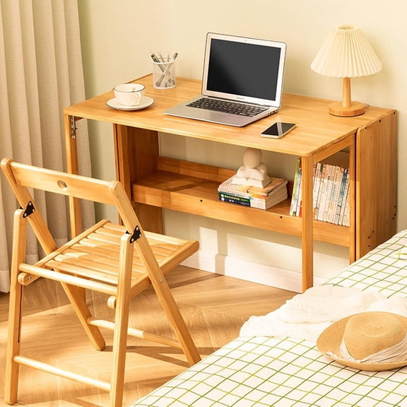 Bamboo Folding Desk with Bookshelf,Folding Computer Table, Multipurpose Table with Bookshelf, Wooden Workstation, Standing Work Desk for Home and Office, Living Room, Bedroom, Kitchen