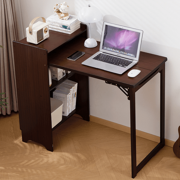 Bamboo Folding Desk Foldable Computer Desk with Hidden Storage Built In Power Outlet Space Saving Desk for Small Rooms Home Office Bedroom Walnut Brown