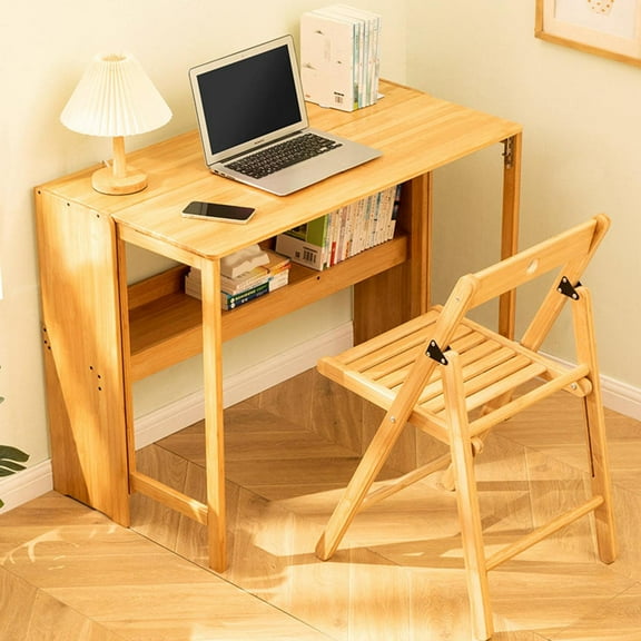 Bamboo Folding Desk Mid Century Modern Desk for Home Office Bedroom Small Spaces, Natural Color