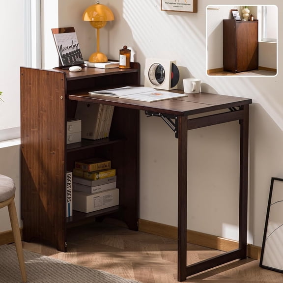 Bamboo Folding Desk for Small Spaces with Storage, Foldable Mid Century Modern Drop Leaf Desk, Vintage Fold Out Hideaway Small Desks for Bedroom or Home Office