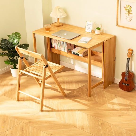 Bamboo Folding Desk, Space-Saving Computer Desk for Small Spaces, Foldable Study Table for Bedroom, Home Office, Dorm, Apartment, Natural Color