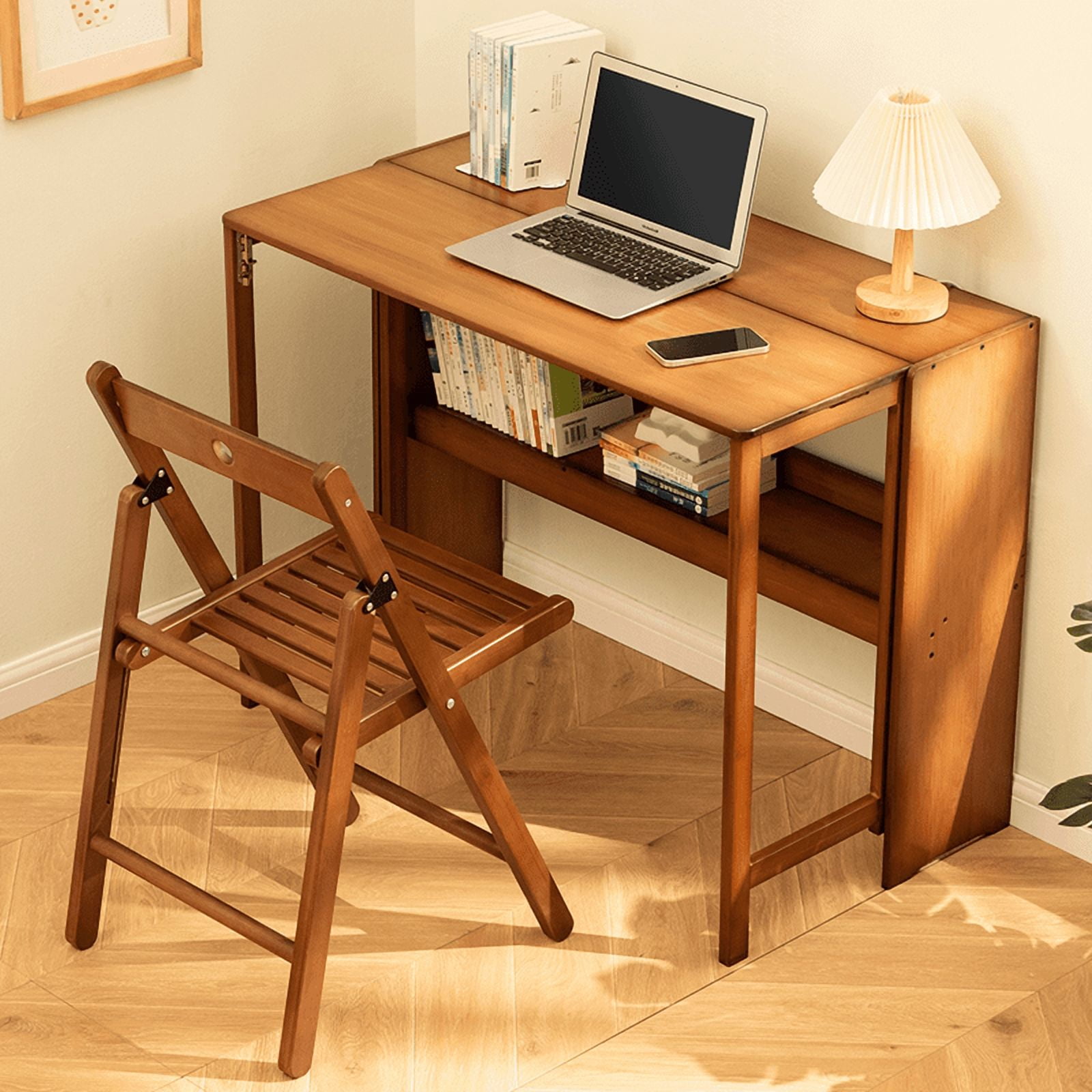 Bamboo Folding Desk, Space-Saving Foldable Computer Study Table with Storage Shelves for Bedroom Home Office Dorm Apartment