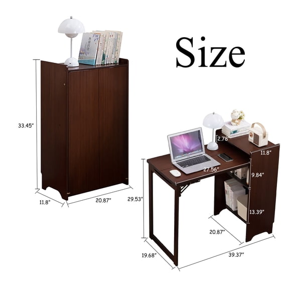 Bamboo Folding Desk for Small Space, Computer Desk with Hidden Storage, Mid Century Foldable Table for Home Office and Bedroom, Walnut Brown