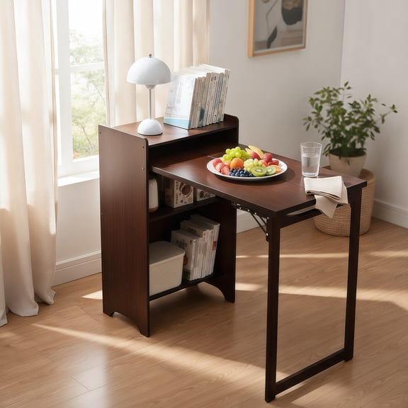 Bamboo Folding Desk with Hidden Storage, Foldable Computer Desk for Small Space, Mid Century Desk for Home Office and Bedroom, Walnut Brown