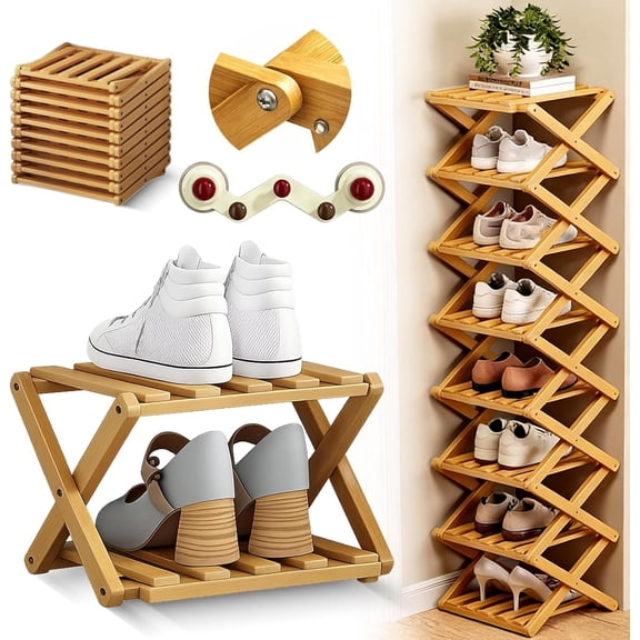 Bamboo Folding Shoe Rack, 2026 New Vertical 9 Tier No-Assembly Wooden Corner Shoe Organizer, According Free Tall Narrow Storage Shelf for Closet, Entryways (Natural-2 Tire, Grid)