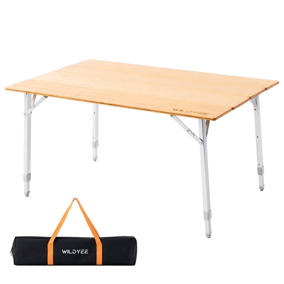 WILDYEE Bamboo Folding Camping Table, Adjustable Height Aluminum Legs, 4-Fold Table for 4-6 People Picnic Travel