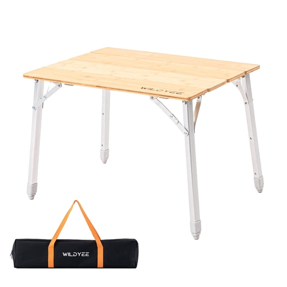 WILDYEE Bamboo Folding Camping Table, Adjustable Height Aluminum Legs, 4-Fold Table for 1-2 People Picnic Travel