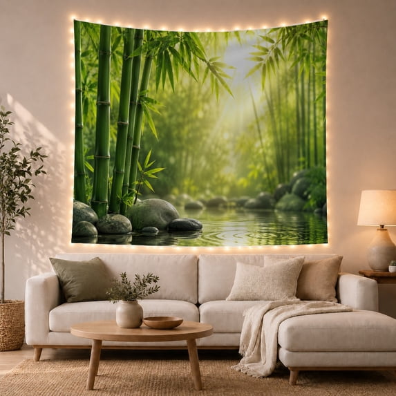 Bamboo Forest Over Calm Pond, Serene Photorealistic for Nature Lovers, Forest Landscape Art, Housewarming Gift, Tapestry Wall Hanging for Living Room and Bedroom