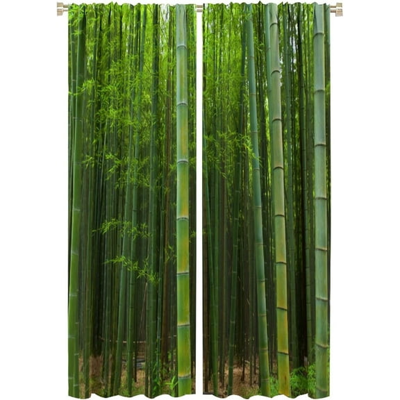 Bamboo Forest Curtains, Forest Pictures Exotic Fresh Jungle Vision High Branch Tropical Art, Living Room Bedroom Curtains Set of 2, 26x84 in. Green Emerald Color