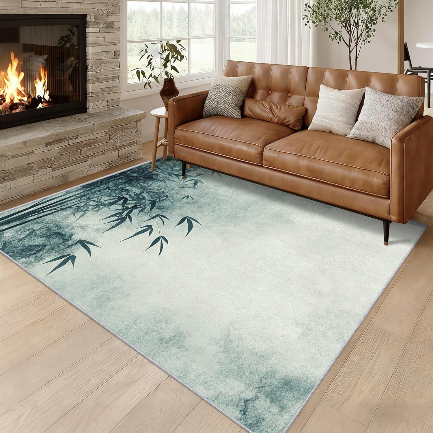 Bamboo Forest Ink Area Rug, Green Leaf Pattern Carpet, Washable Non ...