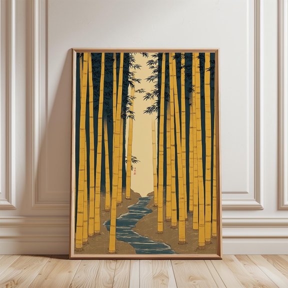 Bamboo Forest Japanese Landscape Illustration Minimal Woodblock Style, Stretched Canvas 12x16in