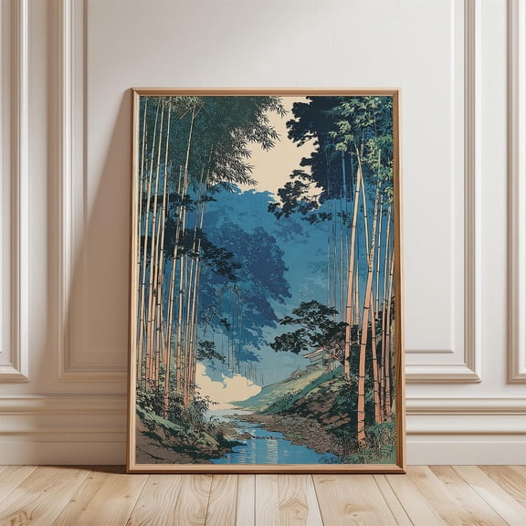 Bamboo Forest Landscape Japanese Woodblock Nature River Valley Scene, Stretched Canvas 12x16in