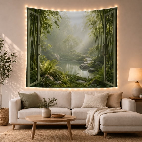 Bamboo Forest in Mist with Stepping Stones, Peaceful Digital Art for Nature Lovers, Zen Garden Decor, Housewarming Gift, Tapestry Wall Hanging for Bedroom and Living Room