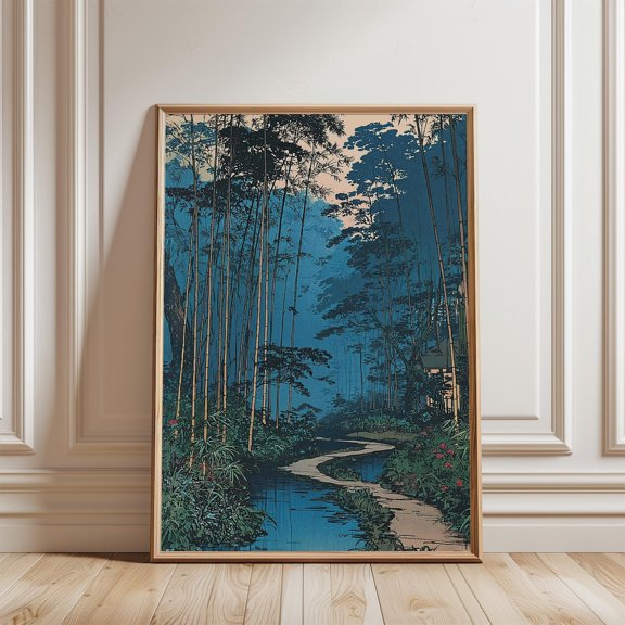 Bamboo Forest River Japanese Woodblock Landscape Blue Green Scene, Unframed Canvas 12x16in