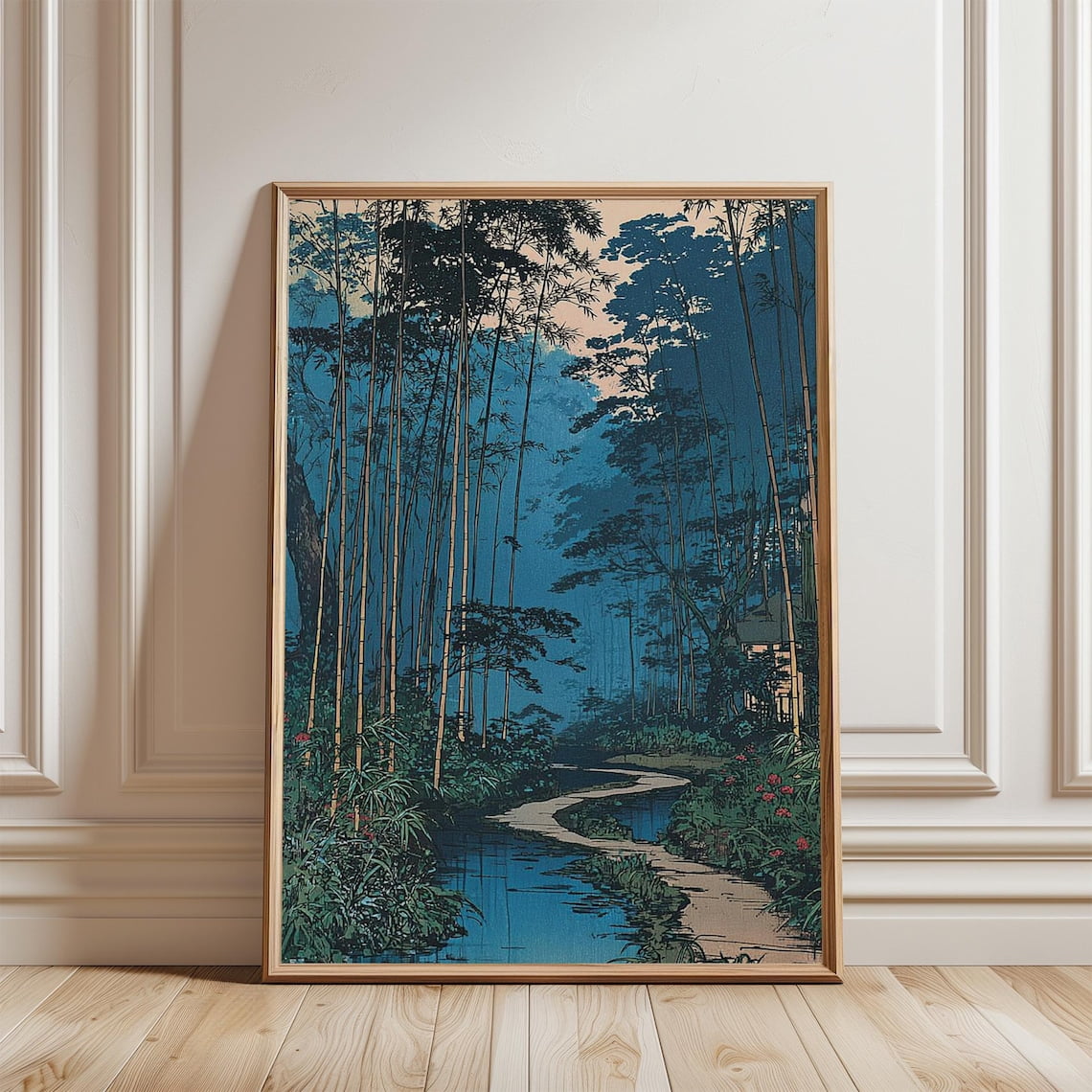 Bamboo Forest River Japanese Woodblock Landscape Blue Green Scene ...