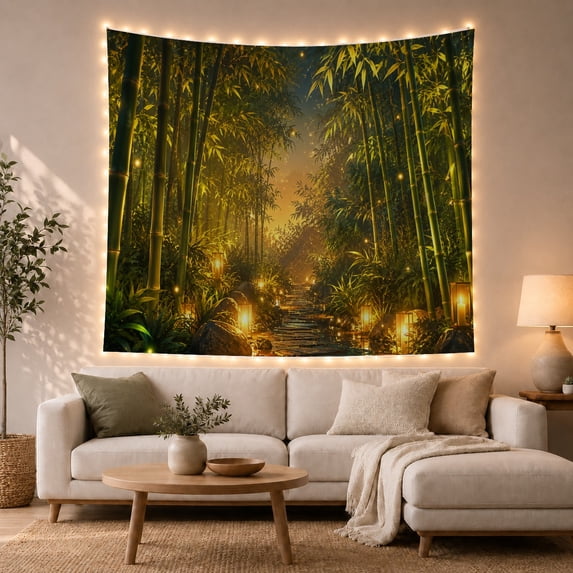 Bamboo Forest With Stone Pathway and Glowing Lanterns, Serene Fantasy for Nature Lovers, Mystical Forest Art, Housewarming Gift, Tapestry Wall Hanging for Living Room and Bedroom