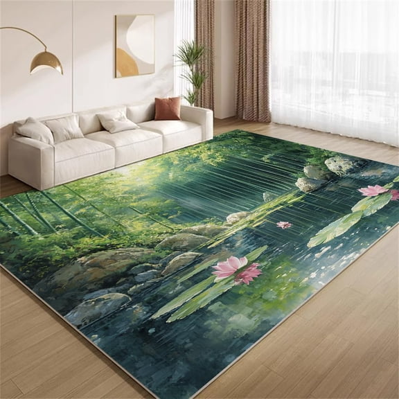 Bamboo Forest Stream Area Rugs, Natural Landscape Carpet, Washable Non Slip Low Pile Soft Rug for Bedroom Living Room Decor Mat 3ftx5ft
