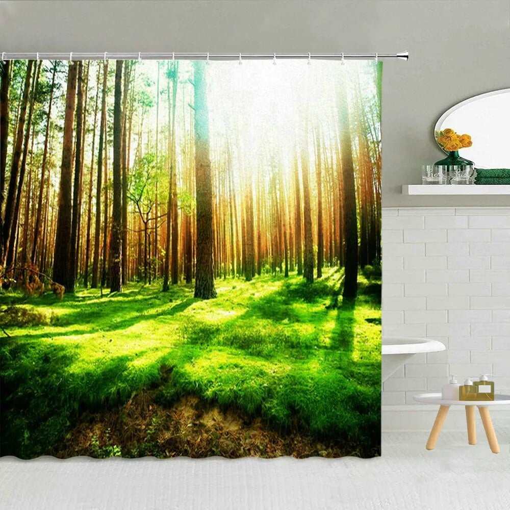 Bamboo Forest Sunny Scenery Shower Curtain Spring Green Trees Wall