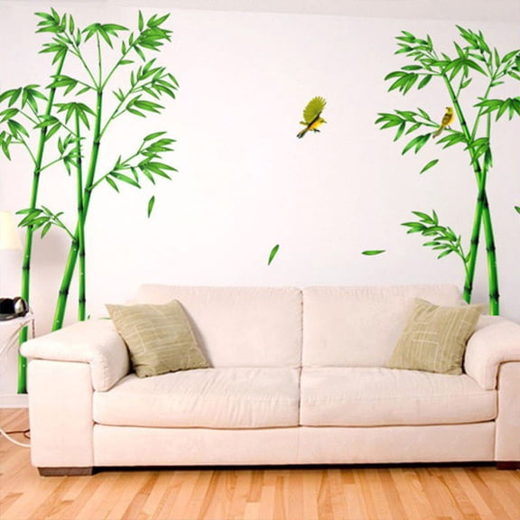 Bamboo Forest Wall Art Decal Nature Green Plant with Flying Birds Wall Stickers Removable Vinyl Wall Mural for Living Room Bedroom Classroom Office Decoration