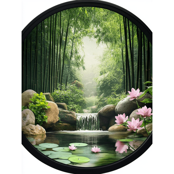 Bamboo Forest Waterfall Lotus Pond Decorative Painting/Canvas Art, Perfect for Living Room,Corridor, Gallery, Spa, Yoga Studio, Meditation Room Decoration.
